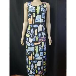 NINA PICCALINO Black Multicolor Abstract Print Sleeveless Dress 14 Ties Back #C